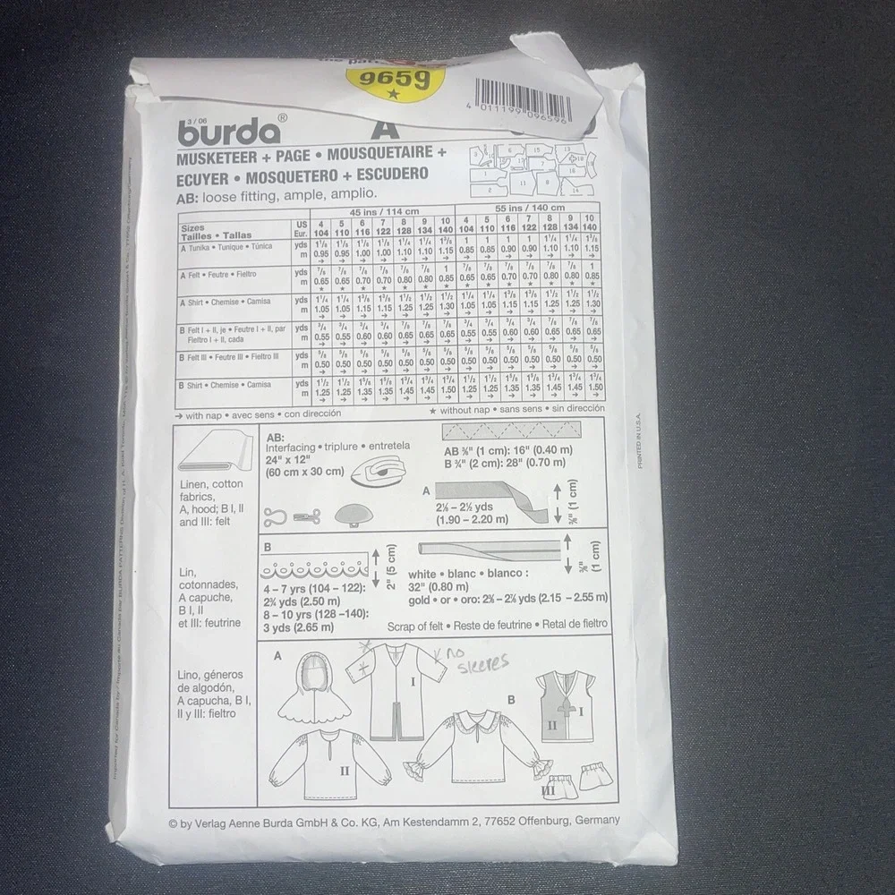 9659 Burda Sewing Pattern Cosplay Costume for Kids Medieval Musketeer Sizes 4-10